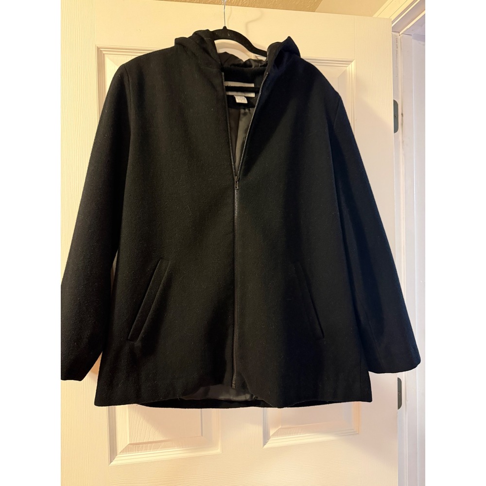 Eddie Bauer Jacket Womens L Black Wool Blend Hooded Zip Up Coat Classic Outdoor